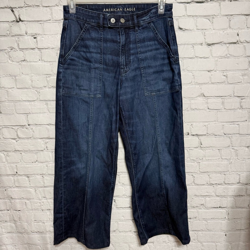 American Eagle Outfitters Women's Dark Blue Wide-Leg Jeans